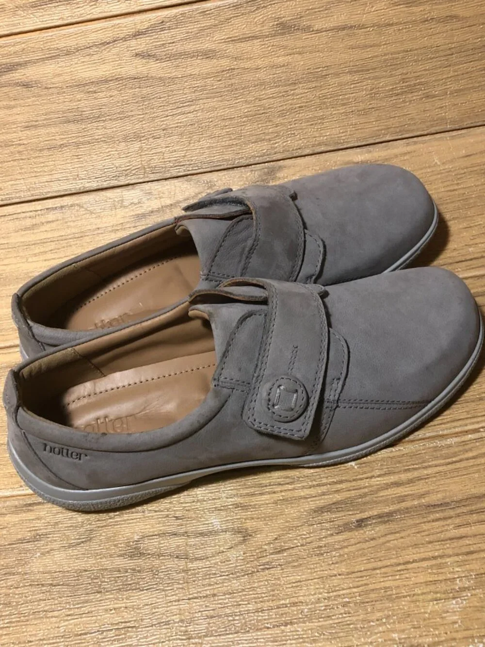 Hotter women gray nubuck loafers, one hook and loop side closure, 10